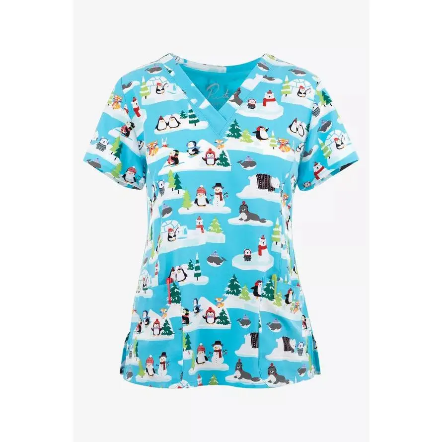 Women's V-Neck Scrub Top in Discontinued Polar Pals Christmas Print, 3-Pocket Stretch Fabric, Short Sleeve Medical Workwear Uniform, Polar Bears, Seals, Whales, Penguins, Foxes, Fir Trees, 1 Right Inner Pocket, 2 Front Patch Pockets