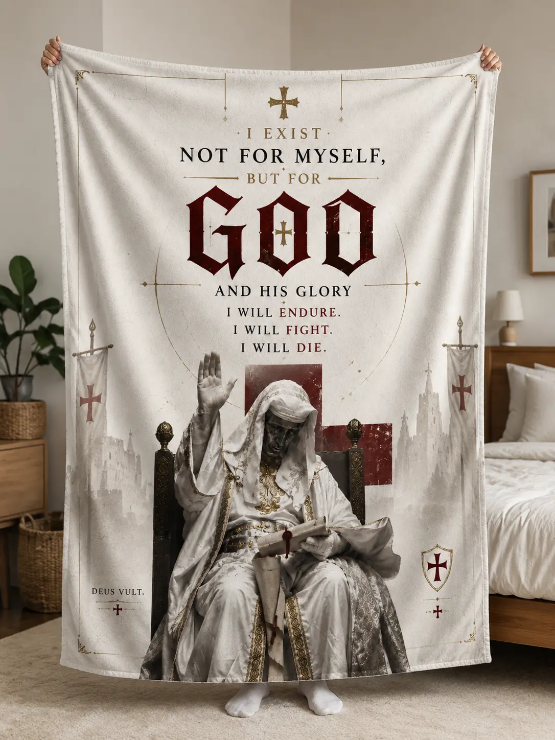 King Baldwin IV The Leper King 'Kingdom of Heaven' Inspired Fleece Throw Blanket - 'I Exist Not For Myself But For God' Epic Crusader Quote - Cozy Historical Knights Templar Bedding & Room Decor