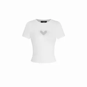 Cider Slim Fit White Cropped Tee with Sparkly Heart Rhinestone Detail - Daily Wear Short Sleeve Shirt