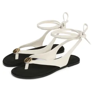 Bohemian Lace-Up Flat Sandals with Metallic Circular Disc Detail, Ankle Wrap Straps, Open Toe Flip-Flop Silhouette, Slim Flat Sole – Available in Multiple Colorway Options