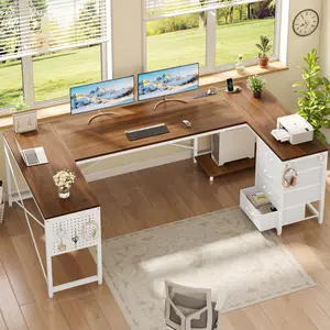 SEDETA 67 Inch U Shaped Desk with 4 Fabric Drawers Reversible Corner Computer Desk with Power Outlet CPU Shelf L Shaped Office Desk with Pegboard