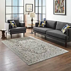 Modway Elqenna Ornate Vintage Floral Turkish 5x8 Area Rug in Blue and Cream