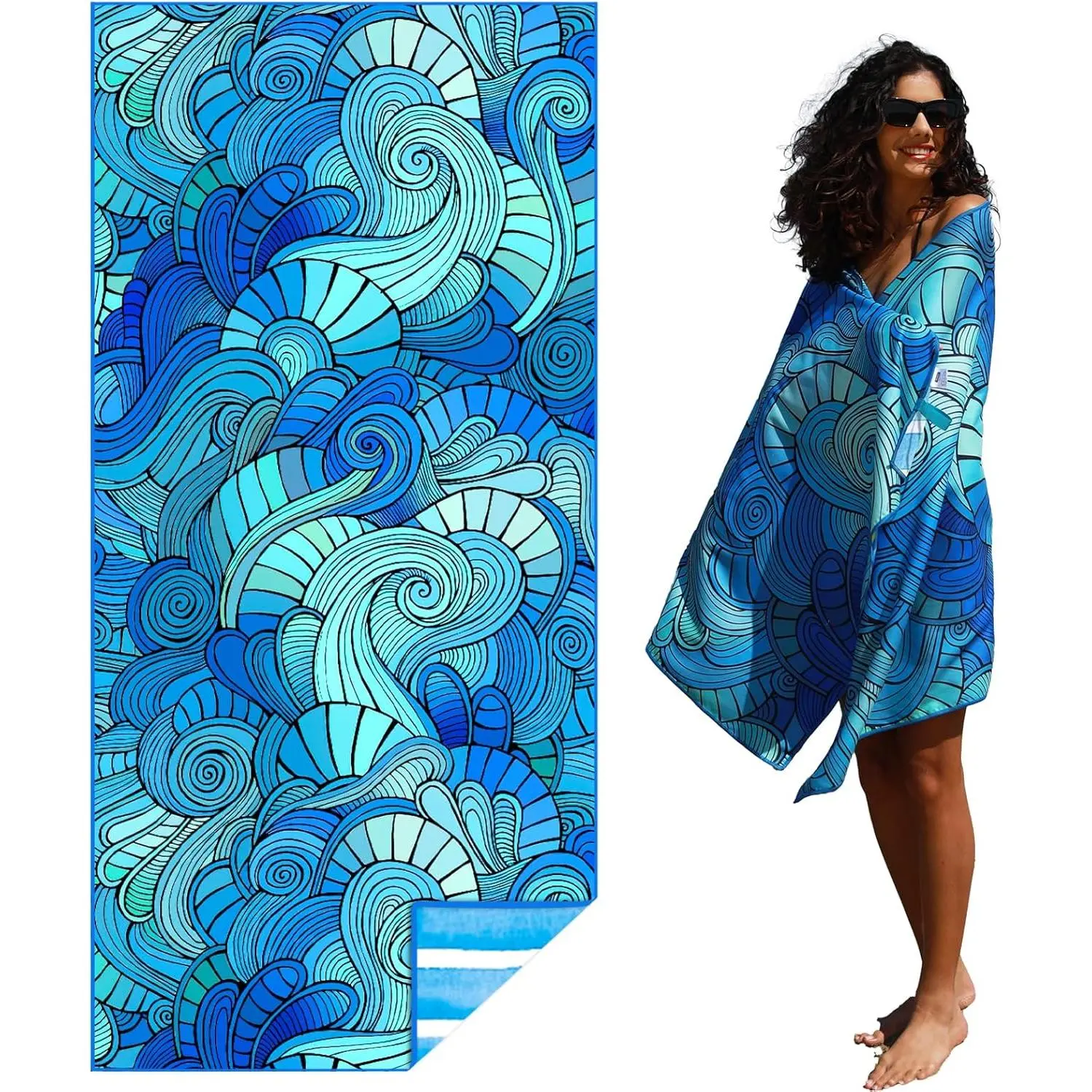 Quick Dry Sand Free Beach Towel - Ultrafine Microfiber, Lightweight, Compact, Portable, Double-Sided Print, Strap-Included, Large Coverage for Adults, Travel, Pool Use, Ideal as a Gift
