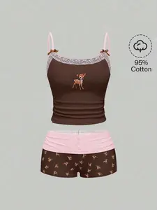 AESS x ROMWE J-Fashion Spring/Summer Valentine's Day Women Cute Deer Embroidered Lace Camisole Top And Deer Print Shorts Set
