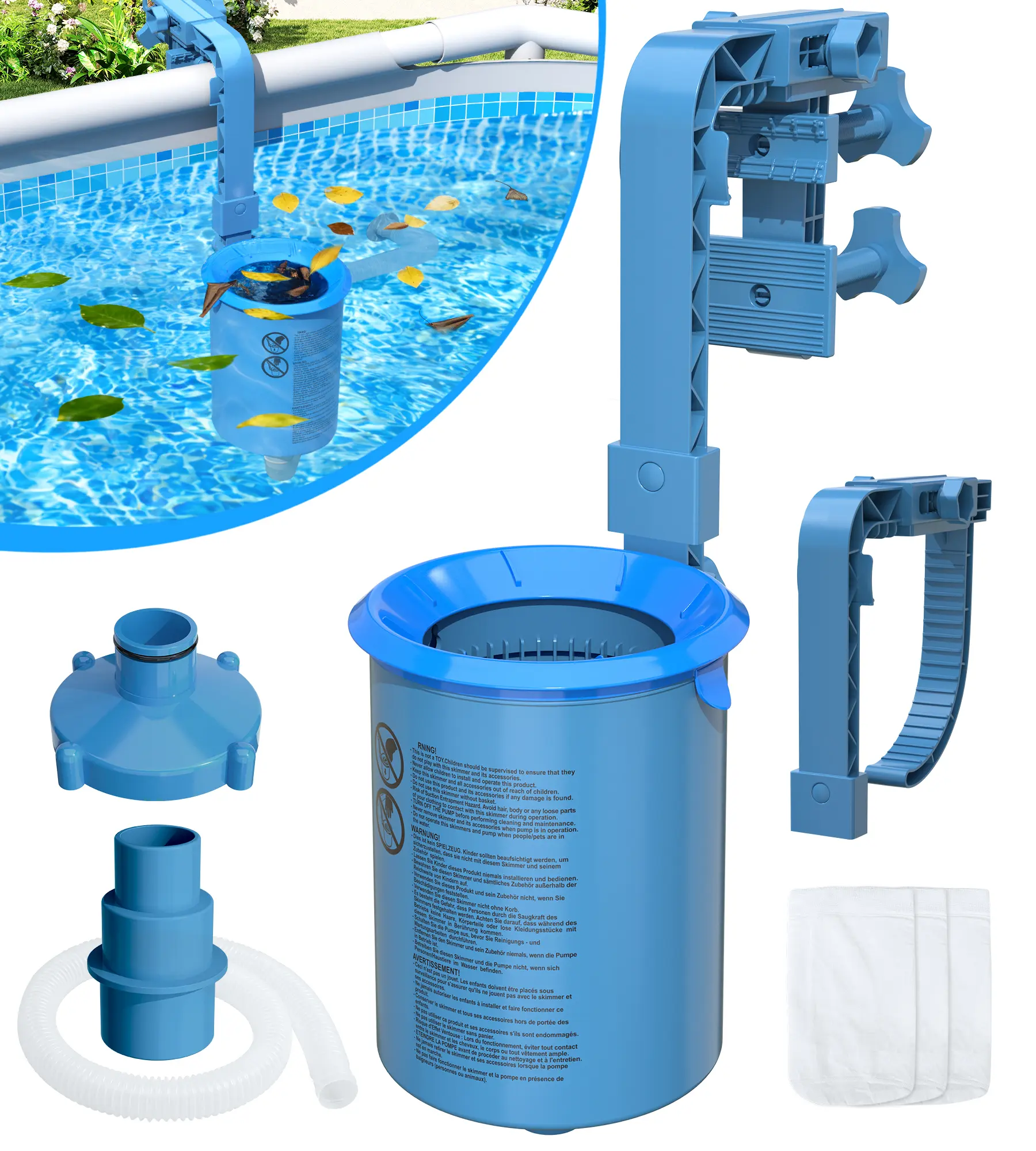 DeeprClean Upgrade Above Ground Pool Skimmer Comes with 3 Socks, Anti-tilt Wall Mount Surface Automatic Skimmer | Removable Skimmer Basket, Adjustable Height Bracket | Auto Skimming Pool Surface Leaves - Blue