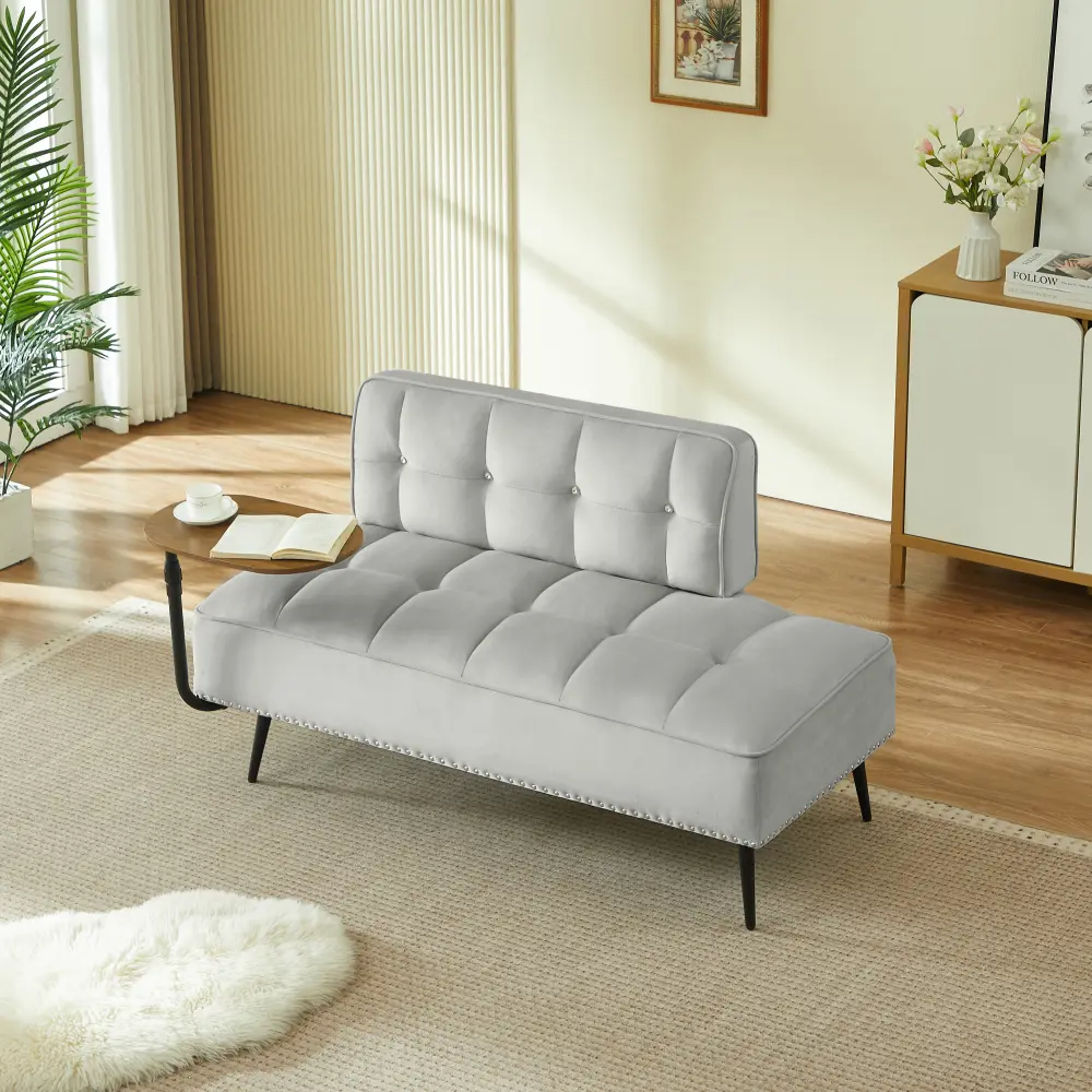 54-Inch Modern Two-Seater Velvet Sofa with Backrest & 360° Rotating Side Table – Entryway Ottoman, Multi-Use Bench, Office Desk and Chair Set, Space-Saving Design for Living Room, Bedroom, Apartment