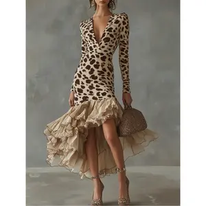 Women'S Stone Print Mesh Dress V-Neck Long Sleeve | Patchwork Detail, Autumn Winter Sexy Elegant Bodycon