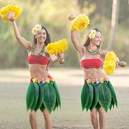 Leaf Hula Skirt and Hawaiian Leis Set Grass Skirt with Artificial Hibiscus Flowers for Hula Costume and Beach Party Womenswear Clothes