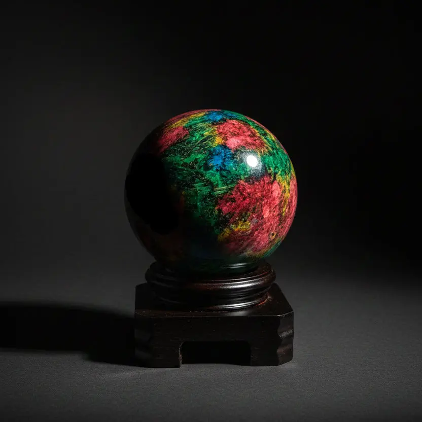 7-Color Jade Sphere with Wooden Stand – Polished Multicolor Stone Display