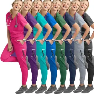 Women's Stretch Jogger Scrubs Set Solid V-Neck Nursing Uniform Quick Dry Breathable