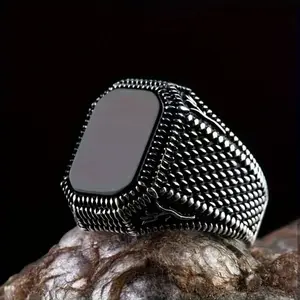 Men'S Vintage-Inspired Square Onyx Ring - Black Imitation Faux Synthetic Gems, Alloy Band, Ideal for Weddings, Parties, and Father'S Day Gifts, Wedding Accessory|Vintageinspired Ring|Alloy Band Ring