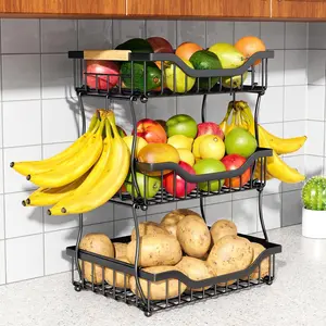 3-Tier Fruit Basket for Kitchen Counter with Banana Hangers -  Under-Cabinet Fit, 2-in-1 Wall Mount & Countertop Fruit Storage Holder for , Onion, Bread, Snack, Veggie, Fruit, Cans