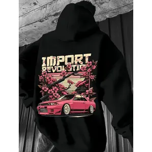 Men's Stylish Cherry Blossom Racing Car Graphic Hoodie In Pink Black Grey Colorblock With Import Revolution Text Winter Pullover Regular Fit Machine Washable