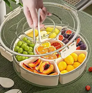 Divided Serving Tray with Lid and Handle Stackable Snackle Box Container for Fruits Candy Organizer Portable Spinning Rounded Veggie Tray for Kitchen Party Trave Picnic Refrigerator Organizer