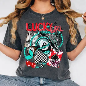Vintage Western Tees Retro Lucky 8 Turquoise Tshirt Country Spades Checkered T-Shirts Casual Womenwears Crewneck,Oversized tshirts for women&men,100% cotton graphic tee