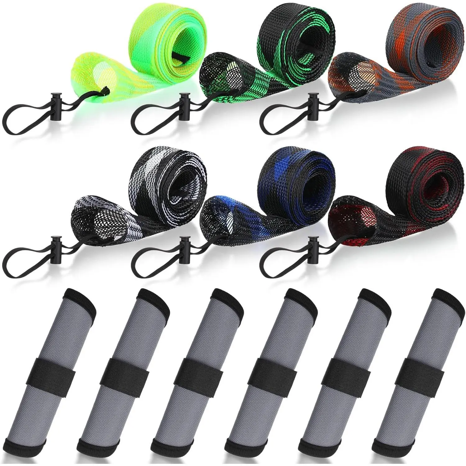 12 count Fishing Rod Sleeves and Lure Wraps Fishing Rod Socks Pole Covers with Lanyard and 5.91 Inch Lure Covers for Fly, Casting, Sea Fish Rods Protector (Grey)