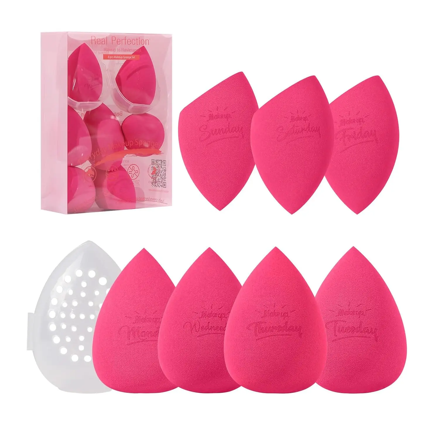 Real Perfection 7-Piece Latex-Free Makeup Sponge Set with 1 Travel Storage Case, Rose Red Beauty Blender for Foundation, Liquid Cream & Powder Application