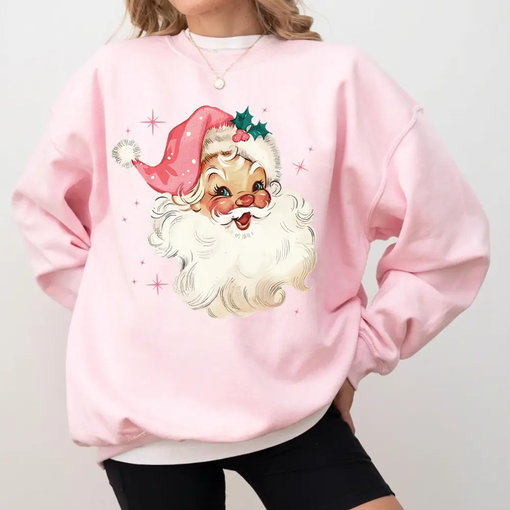 Pink Santa Retro Christmas  Sweatshirts for Women Pink Christmas Matching Family Sweaters Pink Vintage Holiday Crewneck Group Party