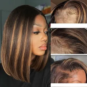 Bob Wig Human Hair Highlight Ombre 13x4 HD Transparent Lace Front Wigs 1b/30 Black and Blonde Wig Human Hair Pre Plucked with Baby Hair 180 Density Short Bob Wigs 10 Inch