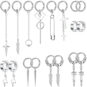FLORIDECO 18Pcs Stainless Steel Dangle Clip On Earrings for Men Fake Earrings Cross Sword Feather Lightning Hinged Hoop Non-Piercing Earrings Set Black Silver Tone Daily