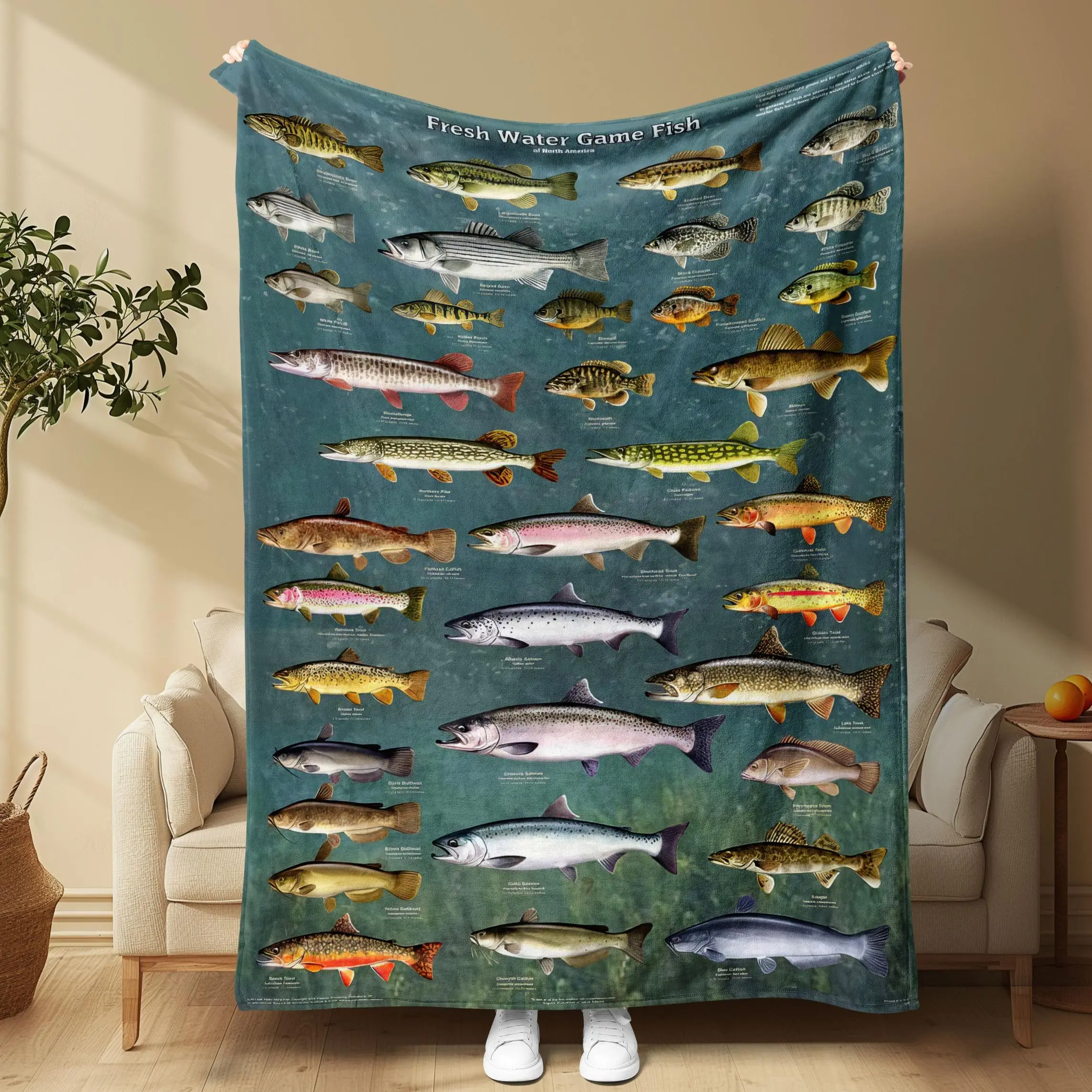 Freshwater Game Fish Pattern Blanket, 1/2 Counts Soft and Comfortable Air-conditioned Room Throw, Warm Nap Blanket for Home, Office, Outdoor Camping