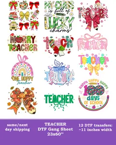 Teacher DTF Transfers Gang Sheet 23x60'' Ready To Press Heat Transfer Full Color Vibrant Designs Glitter Effects DTF Prints For Teachers