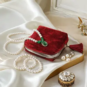 Travel Jewelry Organizer Bag, Portable Velvet Jewelry Case with 6 Compartments, Multilayer Storage Jewelry Organizer with Satin Lining & Tassel Zipper for Rings Necklaces Bracelets, Includes Surprise Bracelet , Travel Essentials, Gifts for Women