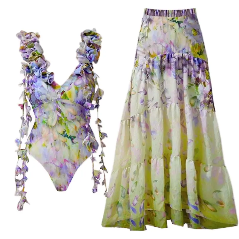Summer Madness Floral Bathing Suit Set For Women with Colorful Floral Print and Matching Skirt