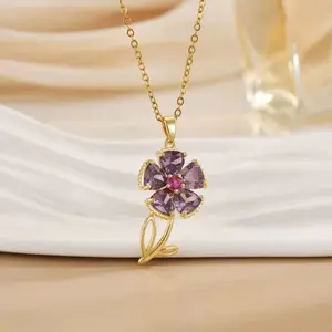 LisiZen Purple Floral Fashion Luxury Style Elegant Gorgeous Full Diamond Necklace for Women Versatile Collarbone Chain Titanium Steel Chain DZXL4101