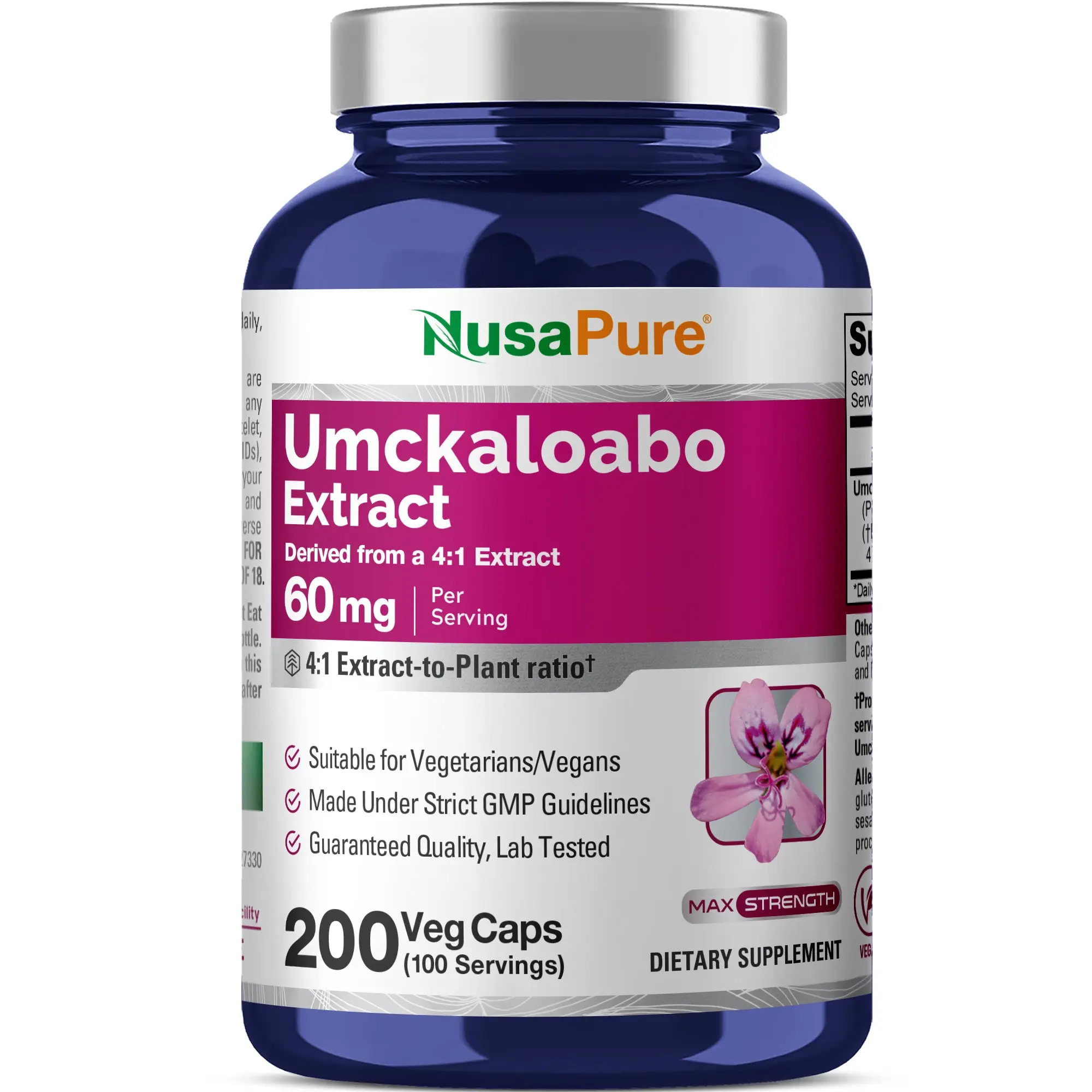 NusaPure Umckaloabo 4:1 Botanical Extract Dietary Supplement - 60mg per Serving, 200-Count Veggie Caps, Breath Support Vitamins Supplements, Anti-Inflammatory, Acute Bronchitis Support, Non-GMO, Vegan Vegetarian
