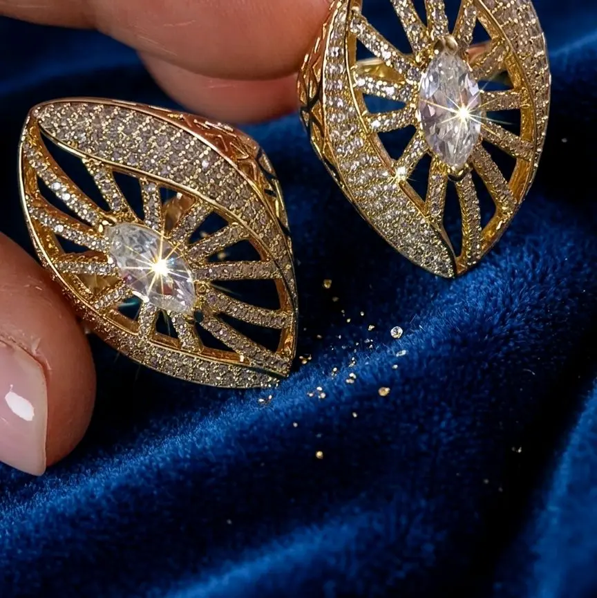 Yudy&Sussy Luxurious 14k Gold Filled Radiant Sunburst Statement Ring | Elegant White Micro-Pave Stones | Intricate Marquise Design for Women.