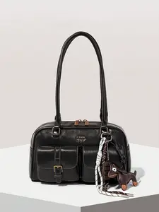 Fashionable and trendy retro light luxury handbag, exquisite and personalized atmosphere shoulder bag, with cartoon puppy and chocolate hanging decorations, and woven pendant design, suitable for outdoor gatherings and shopping, PU Tote Satchel