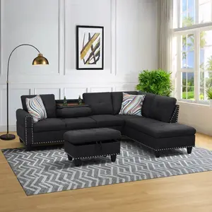 Black Grey Linen 3-Piece Sofa Living Room Sofa Set