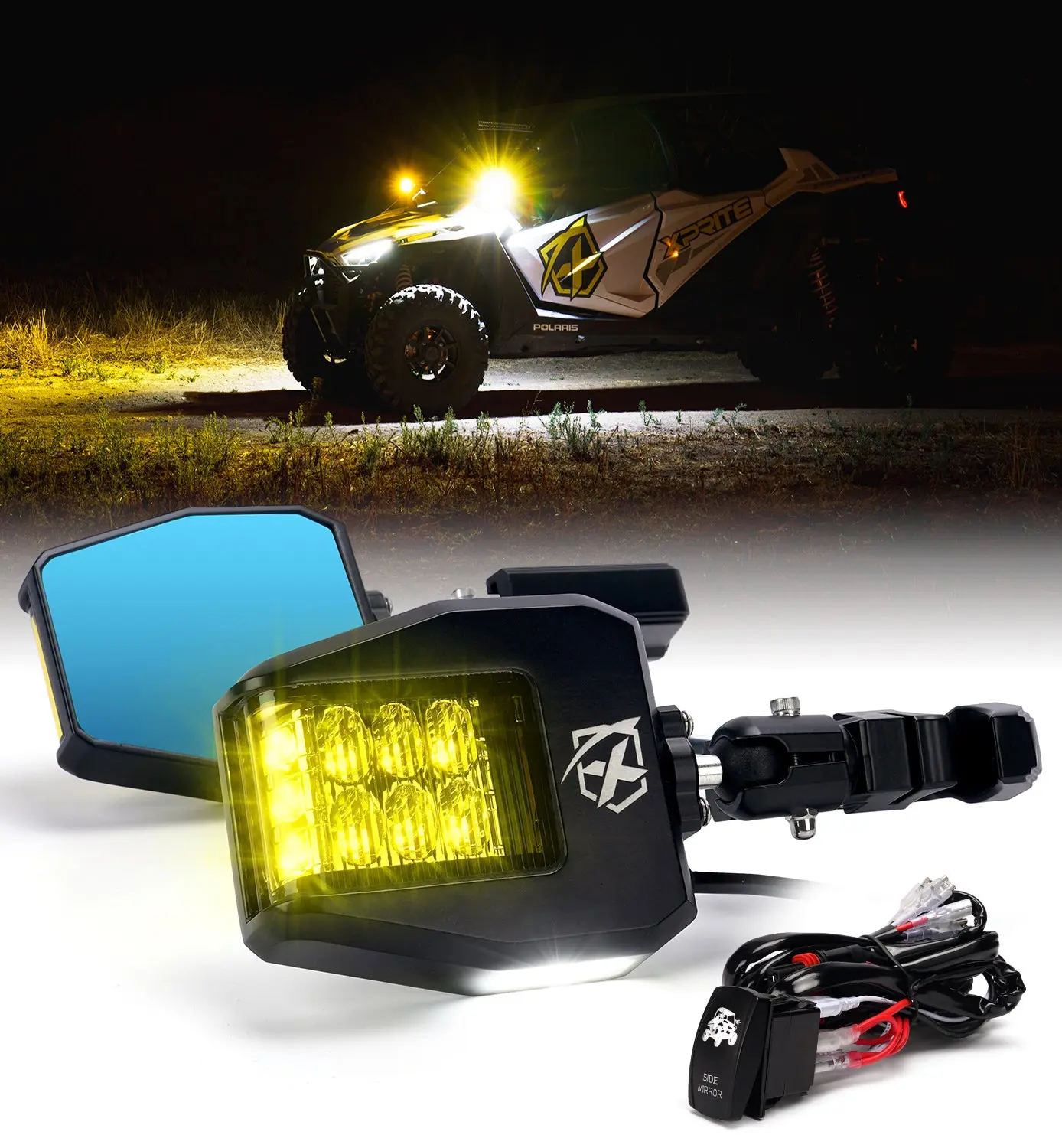 Xprite UTV Side Mirrors with Amber LED Turn Signal Lights – Rear View Mirrors for Can-Am Maverick X3 & Polaris RZR