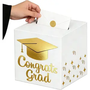 White Gold Card Box with Gold Foil Design 2026 Graduation Party Decorations Suitable for Gift Cards Receiving Box Graduation Gift Graduation Party Favors Party Supplies