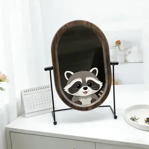 Walnut Wooden Handheld Makeup Mirror with Iron Stand Rotatable Desktop Vanity Mirror Room Decor