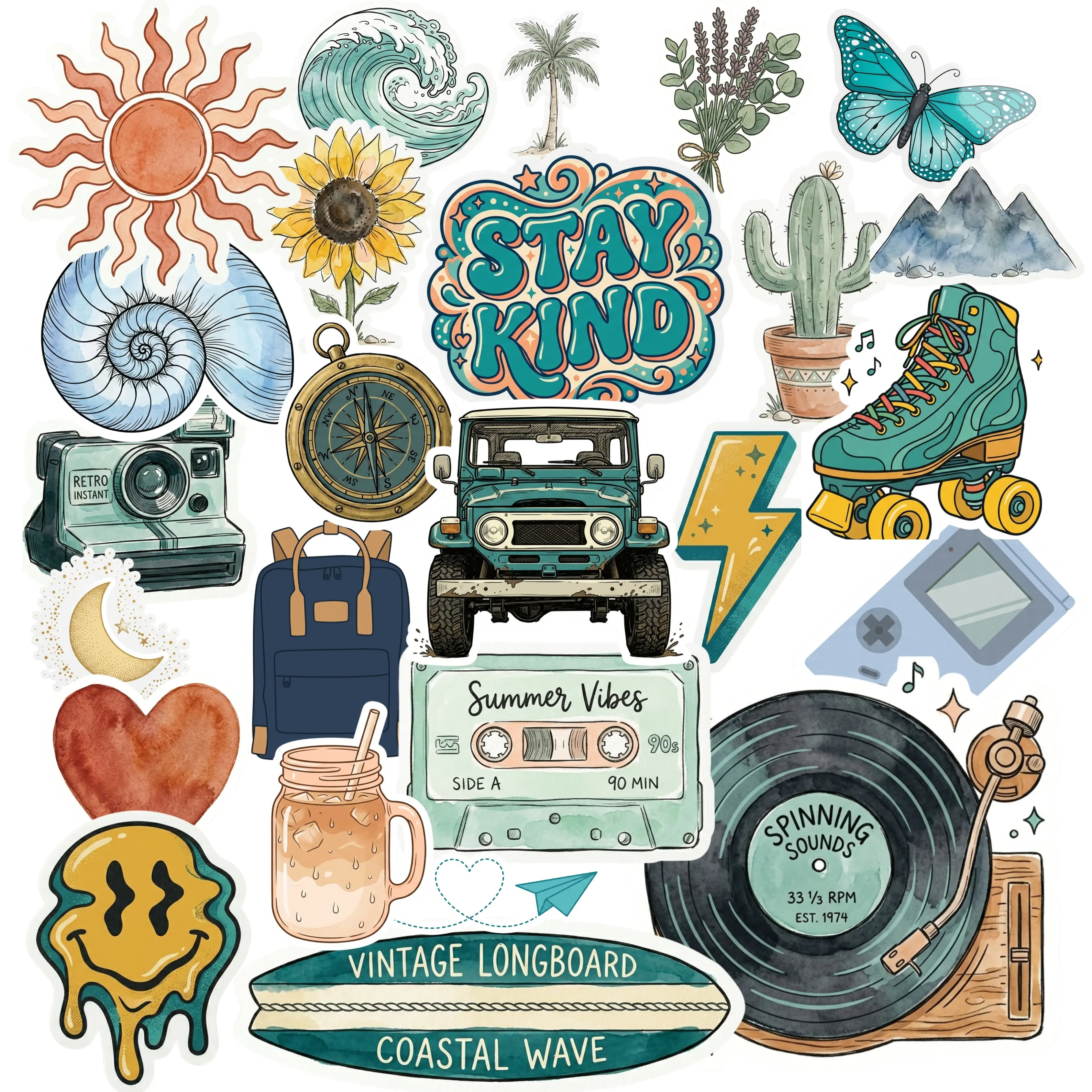 25pc Die-Cut Decorative Sticker Set - Teal & Terracotta Collection, 3.5" Waterproof Vinyl Stickers for Water Bottles, Laptops, Die-Cut Stickers, Decorative Sticker Stickers