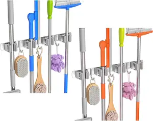 2 Pack Broom Mop Holder Wall Mount Organizer with Hooks Heavy Duty Storage Rack for Cleaning Tools Kitchen Garage Laundry Garden Tool Holder