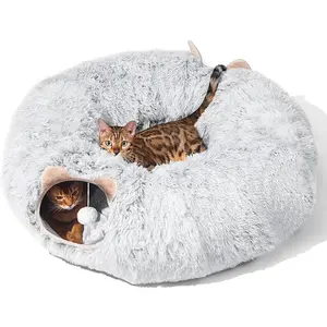 Cat Tunnel with Cat Bed for Indoor Cats Under Christmas Tree Soft Plush Peekaboo Cat Cave Donut Tunnel Multifunctional Playground Toys Hideplace for Kittens Rabbit Ferret Grey