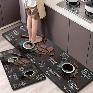 Flannel Kitchen Mat Set, Blackboard Style Coffee Cup & Bean Chocolate Design, Vintage Coffee Decor, Non-Slip, Absorbent, Coffee Rug, Kitchen Area Rug