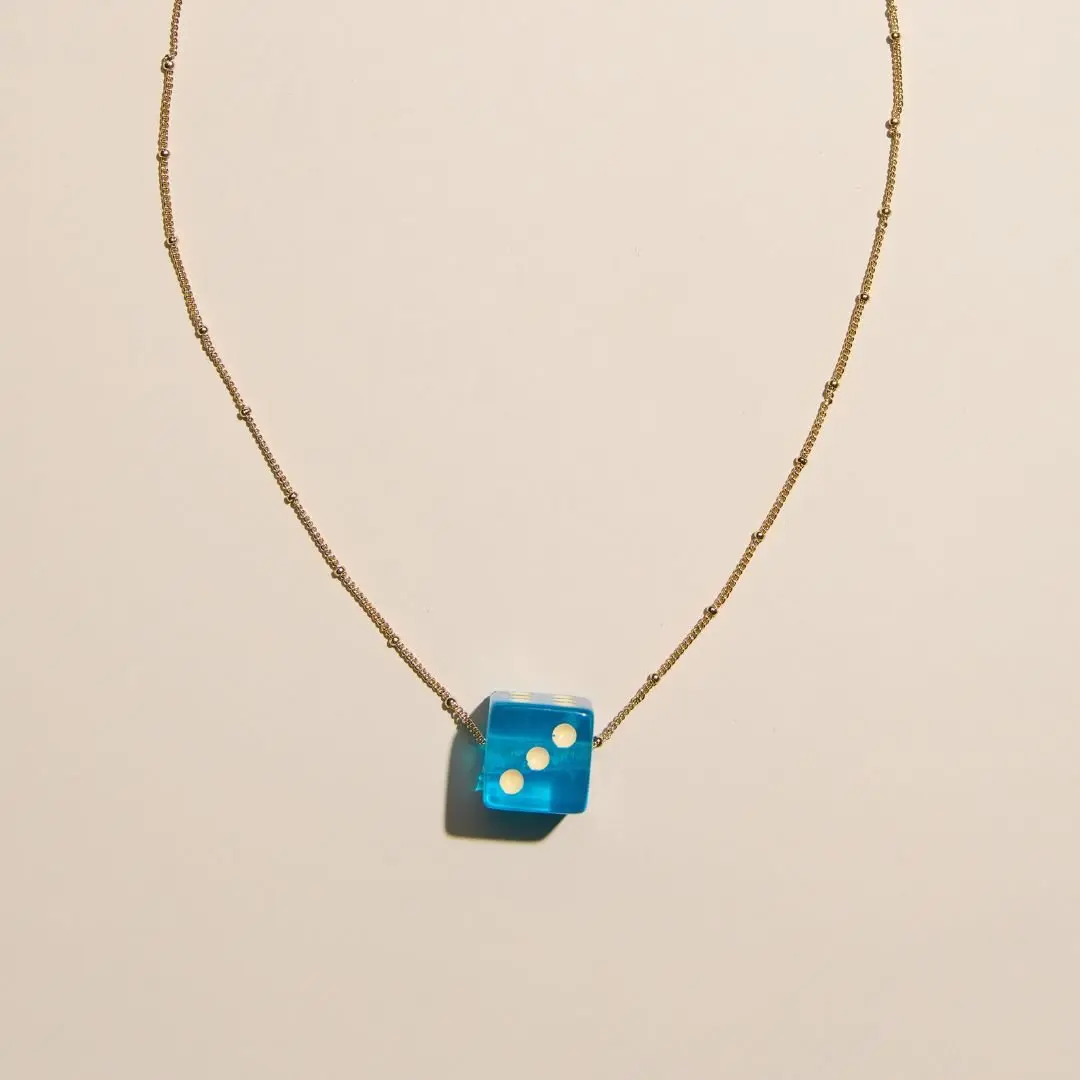 Aqua Blue Vintage Dice Charm Necklace