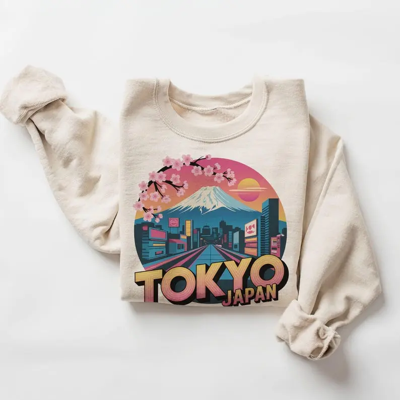 Women's Retro Tokyo Japan Cityscape Mt Fuji Pullover Sweatshirt - 80s Vintage Japanese Cherry Blossoms Travel Casual Tops, Cotton-Polyester Boho Unisex #DICH