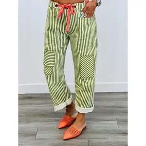 Lime Striped Twill Barrel Pants (Reg & Plus.)