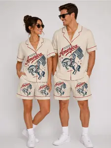 Women's Patriotic America 2-Piece Polyester Pajama Set - Western Cowgirl Lounge Wear, 4th of July Sleepwear, Vintage USA Short-Sleeve Shorts, Pajamas Sets for Women