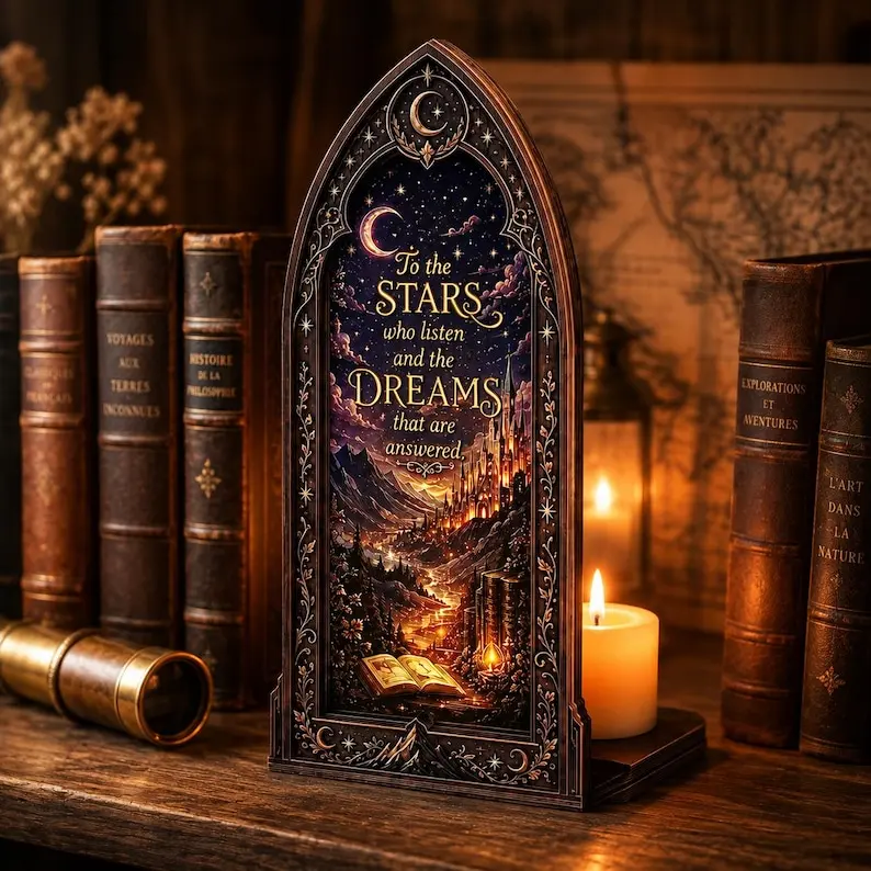 Fantasy Acrylic Book Nook with Candle, Lighted Book Nook, Bookshelf Lamp for Library Decor, Gothic Arch Bookshelf Decor, Fantasy Bookshelf Decor, Book Lover Gifts, Reader Gift