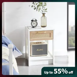 CANMOV 15.2" Wide Modern 1-Drawer Nightstand With Boho-Inspired Plastic Rattan Drawer，Rattan Nightstand with Drawers for Bedroom - White