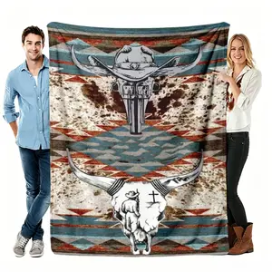 Western Cowboy Skull Print Flannel Blanket, 50"x60" Southwestern Aztec Design, Wrinkle-Resistant, Soft & Comfortable, Travel-Ready, Ideal for Room Decor, Bedroom Accessories & Gifting