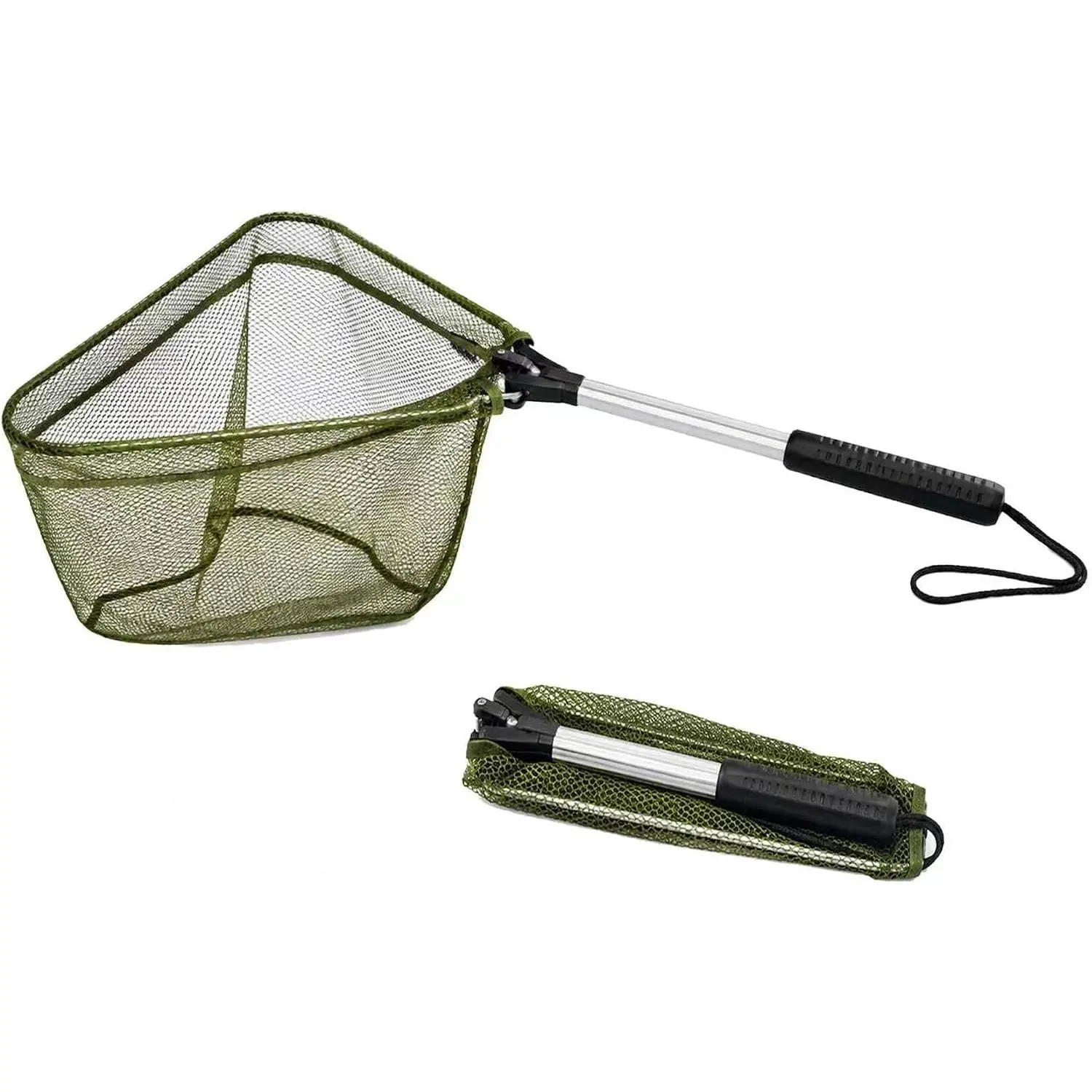 BasicGear Compact Foldable Triangle Fishing Landing Net 20" Total Length Black/Green Metal Handle 12" Hoop 7.36 Ounces