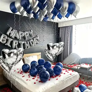 104pcs Silver Happy Birthday Balloons Navy Blue Aluminum Foil Letter Heart Balloons With Silver Latex For Birthday Party Decorations