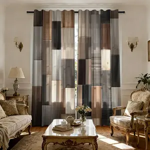 2 pieces of modern curtains, Home Decoration Curtain, Window Curtain, with wood grain pattern, color brown, gray, beige, semi blackout, machine washable polyester fiber material, bedroom and living room, kitchen curtains